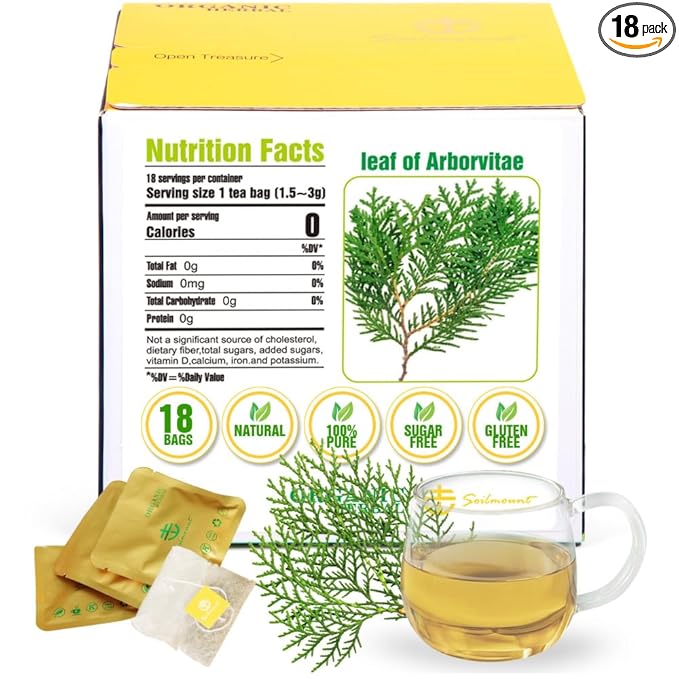 Soilmount - Thuja Leaf Tea - |Leaf of Arborvitae|Thuja|侧柏叶|Ce bai ye|측백엽| - Pure Herbal Tea - Natural, Organic, Non-GMO, Clean Ingredients, Caffeine Free (18 Tea Bags, Box 1)