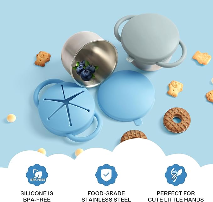 Daximo 2 Pack Snack Cups for Toddlers Spill Proof - Detachable Stainless Steel Toddler Snack Cups with Silicone Lids & Handles - Dishwasher Safe Baby Snack Containers (Matte Blue and Matte Green)