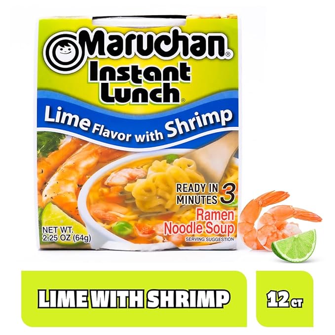 Maruchan Instant Lunch Ramen Noodles, Lime Flavor with Shrimp – Japanese-Style Instant Noodle Soup, Easy Meal Ready in 3 Minutes – 2.25 Oz. (12 Pack)