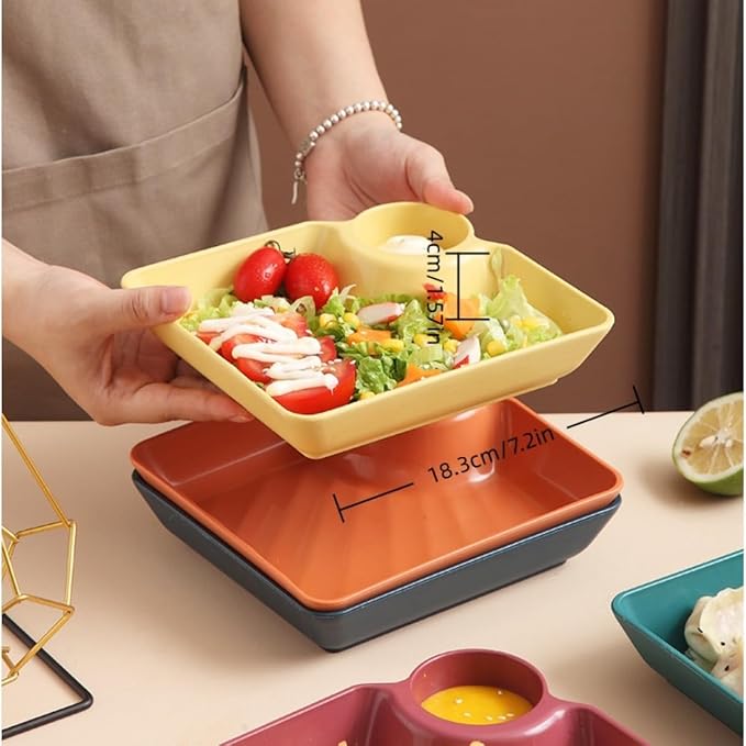 4pcs Japanese Dumpling Plate with Sauce Dish, Chips and Salsa Serving Dish Plates with Dipping Saucer for Family Party Appetizer Sushi Taco Salsa Charcuterie Barbecue Plate, Reusables (Yellow)