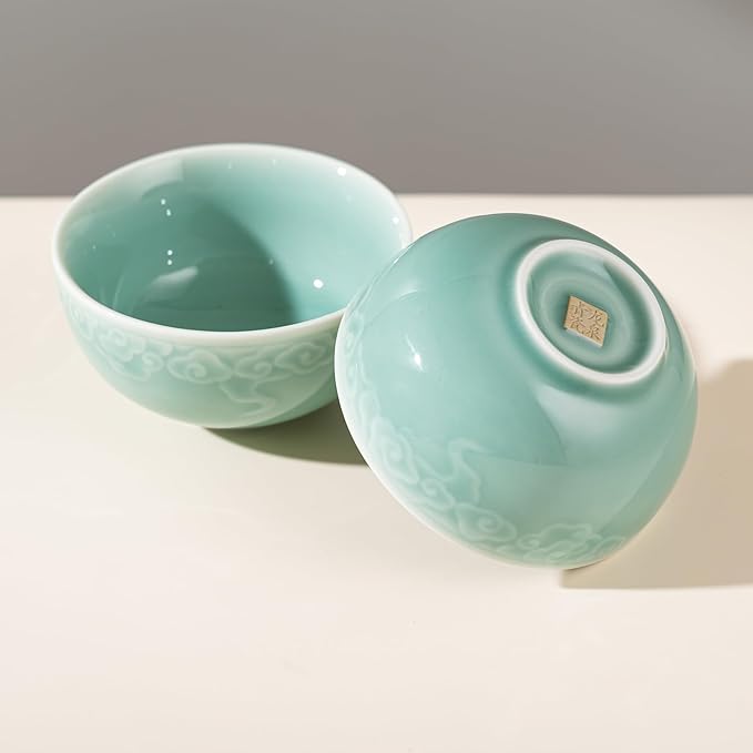 4.5" Green Porcelain Bowls Set of 2,Genuine Longquan Celadon 9.8 Oz Rice Bowls -Sky Cyan