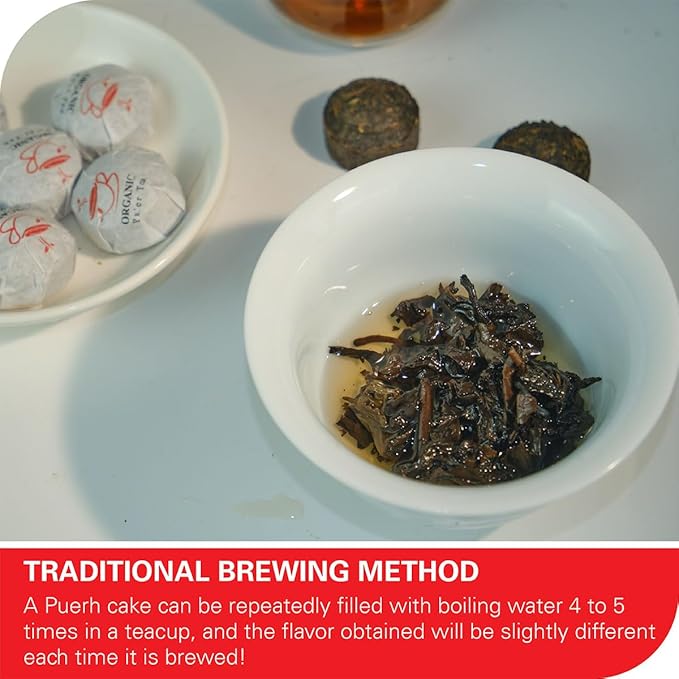 WT WEETEE Organic Pu-erh Tea, Organic Ripe Puerh Tea Mini Tea Cake with Glutinous Rice Fragrant, Chinese Aged Pu'erh Loose Leaf (3.5 Ounce/ 20 Cakes)