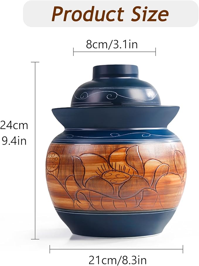 Traditional Chinese Porcelain Pickle Jar, Ceramic Fermenting Jar with Water Seal Airlock Lid, Turnip Kimchi Sauerkraut Fermentation Crock Pickling Pot(3.5kg, BlueA)