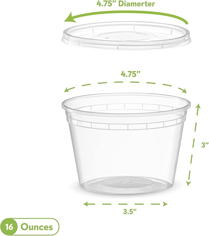 ELEGANT DISPOSABLES 16 OZ - 24 Sets Plastic Deli Food Storage Containers with Airtight Flexible Lids Microwavable, Leak Free, Washable, Freezer Safe.
