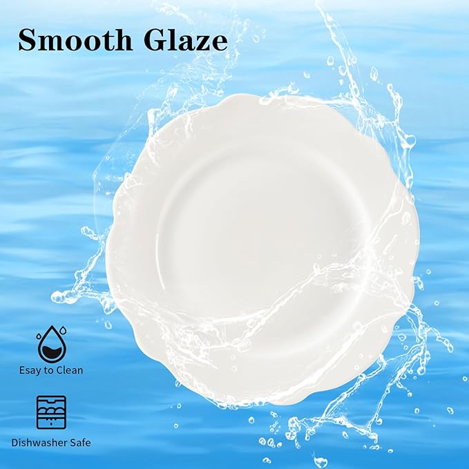 7.5 Inch Porcelain Small Dinner Plates Set of 12, White Leave Wave Rim Appetizer Plates, Dessert Salad Plates, Ceramic Serving Dishes for Cake, Snack, Ice Cream, Waffles, Microwave, Dishwasher Safe