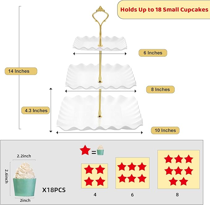 DAFURIET Dessert Cupcake Stand, 3 Tier Cup Cake Holder Tower for Tea Party/Birthday/Wedding, Plastic Tiered Serving Tray with Metal Rod, White