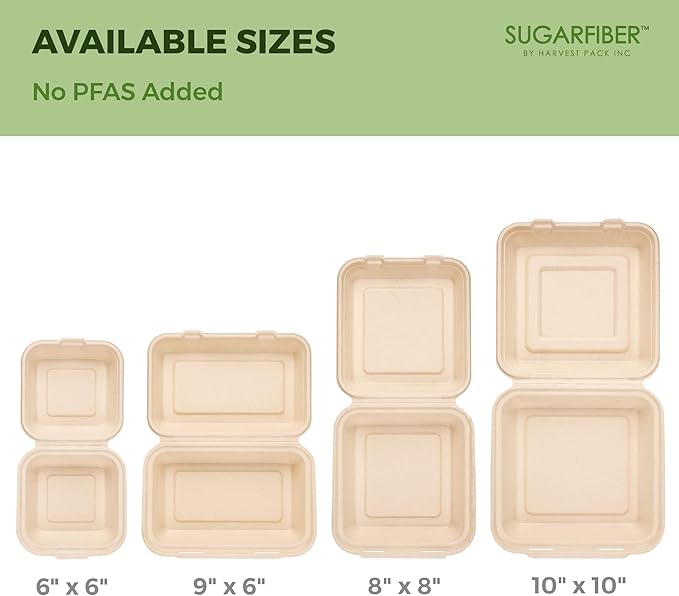 [200 COUNT]Sugarfiber by Harvest Pack PFAS FREE 9 X 9" Compostable Clamshell Food Containers, Heavy-Duty Hinged Container, Disposable Bagasse Eco-Friendly Natural Sugarcane Takeout to go Box