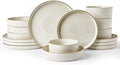 Famiware Star 16-Piece Stoneware Dinnerware Sets with Trim, Service for 4 - Shallow Pasta Bowls & Flat Plates, Modern Rustic Ribbed Dishes, Chip & Scratch Resistant, Microwave & Dishwasher Safe, White
