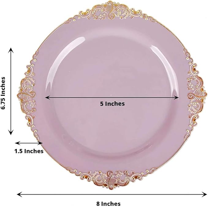 Efavormart 10 Pack | 8" Lavender and Gold Baroque Dessert Plates, Leaf Embossed Metallic Rim Heavy Duty Appetizer Plates for Spring Tea Parties