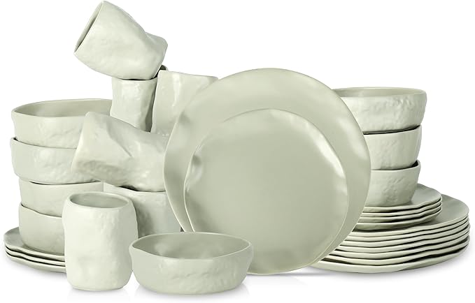 Stone by Mercer Project Atik Modern Stoneware 32-Piece Dinnerware Set, Plate and Bowl Set, Dish set for 8, Sage-Grey