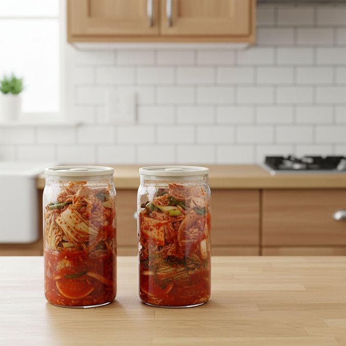 Pickle Jar, 2 Pack 1200ml/40.6 oz Kimchi Container, Airtight Clear Fermentation Canister, Wide Mouth Refrigerator Storage with Silicone Ring & Exhaust Valve for Radish, Onion, Sauerkraut
