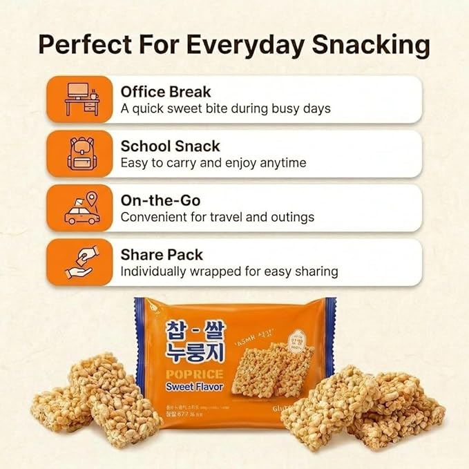 Korean Sweet Nurungji Pop Crackers (찹쌀누룽지) – Crispy Glutinous Rice Snack, Healthy Roasted, ASMR Texture, Individually Packed (Sweet Nurungji Pop - 10.2oz (288g))