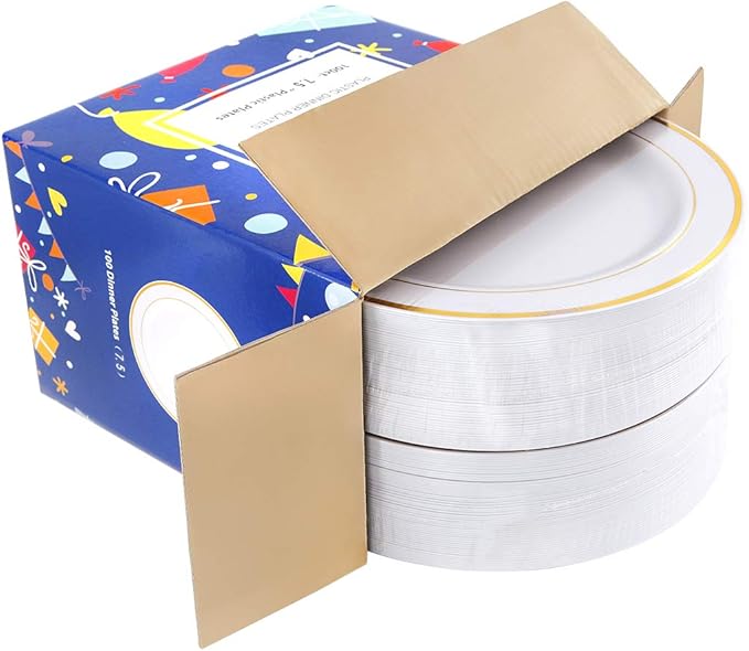 bUCLA 100Pieces Gold Plastic Plates -7.5inch White and Gold Disposable Salad/Dessert Plates - Ideal for Weddings, Party & Thanksgiving