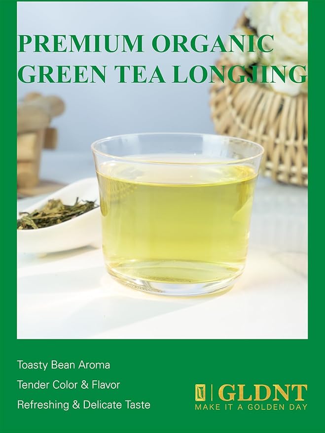 GLDNT Organic Green Tea Longjing, Premium Chinese Dragon Well Green Tea Loose Leaf, Fresh & Brisk Taste, 3.5oz/100g