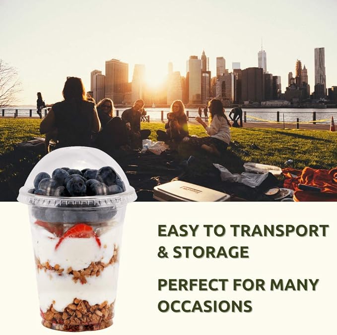 Aatriet 12 oz Clear Plastic Parfait Cups with Insert 3.25oz & Dome Lids No Hole - (50 Sets) Yogurt Fruit Parfait Cups for Kids, for Dips and Veggies, Take Away Breakfast and Snacks. No Leaking