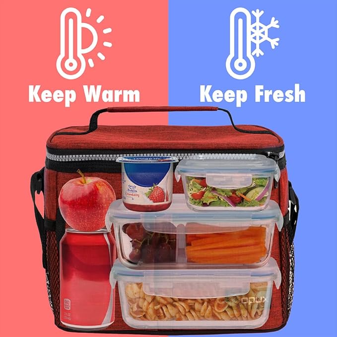 opux Insulated Lunch Box for Men Women Kids, Leakproof Reusable Lunch Bag Cooler for Work School Office, Soft Thermal Lunchbox Tote with Shoulder Strap for Boys Girls Adults, Heather Red, 14 Can/8L