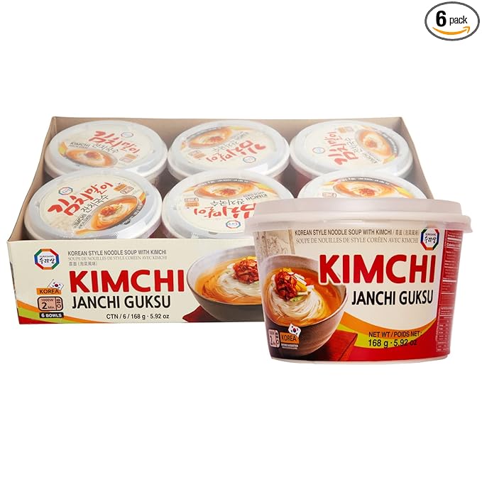 Surasang Kimchi Janchi Guksu Korean Thin Noodle Soup Bowl - Authentic Kimchi Broth, Non-Fried Noodles, Microwave Ready in 2 Minutes - 5.92 oz, Pack of 6