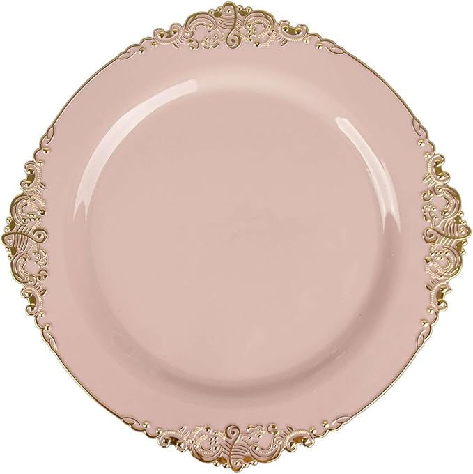 Efavormart 10 Pack | 10" Blush Rose and Gold Baroque Dinner Plates, Leaf Embossed Metallic Rim Heavy Duty Serving Plates for Boutique Weddings