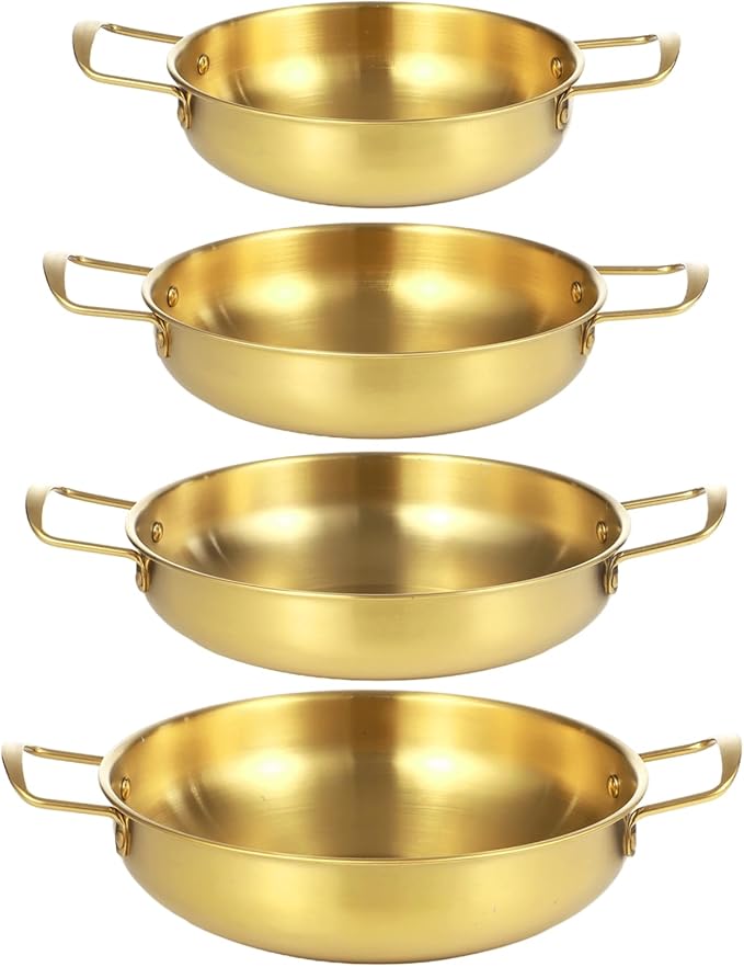 4Pcs Korean Ramen Pot Set,Stainless Steel Ramen Pot with Double Handles, 8.4-10.7 in Diameter Korean Noodle Pot Golden Soup Pots & Cooking Pots for Stove,Pasta,Soup
