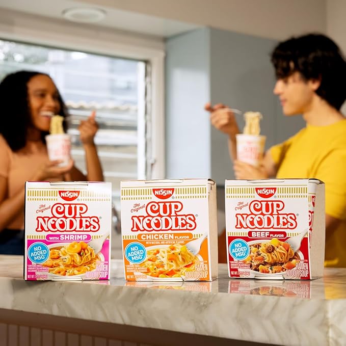 Nissin Cup Noodles Soup, Shrimp Flavor, Microwaveable Paper Cups, Instant Ramen, 2.25 Ounce (Pack of 12)