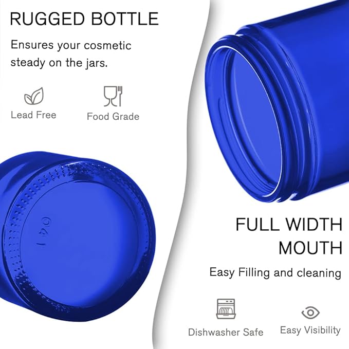4 oz Glass Jars with Lids, Tecohouse Blue Glass Jars with Black Lids & Inner Liners, Mini Travel Sample Containers for Slime, Makeup, Cream, Lotion, Cosmetic - 2 Pack