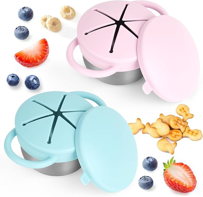 Daximo 2 Pack Snack Cups for Toddlers Spill Proof - Detachable Stainless Steel Toddler Snack Cups with Silicone Lids & Handles - Dishwasher Safe Baby Snack Containers (Light blue and Light pink)