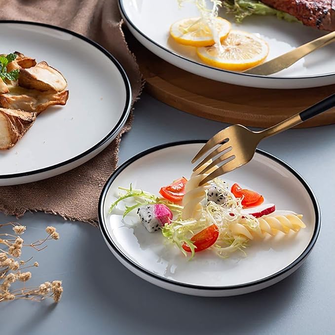 6-inch Small Porcelain Appetizer Plates, White with Black Edges Dinner Side Dishes Serving Plate, Dessert, Salad, Snacks Plate, Set of 6