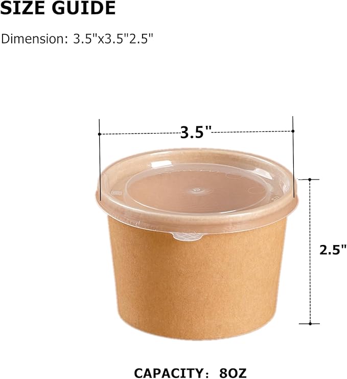 100 Pack Paper Food Containers with Lids, 8 Oz Cardboard Ice Cream Portion Cups, Reusable To Go Hot Soup Bowls for Christmas Thanksgiving Gathering, Brown