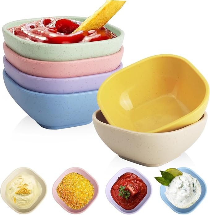 Wrova Dipping Bowls Set of 6, Soy Sauce Dish Wheat Straw Bowls 5oz, Small Plastic Ramekins for Side Dishes,Condiment,Ketchup, Unbreakable Sauce Bowls Microwave Safe Dip Bowls for Parties- Colorful