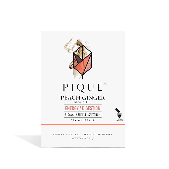 Pique Organic Peach Ginger Tea Crystals - Caffeinated Black Tea For Energy, Prebiotic Polyphenols Support Healthy Digestion - 14 Single Serve Sticks (Pack of 1)