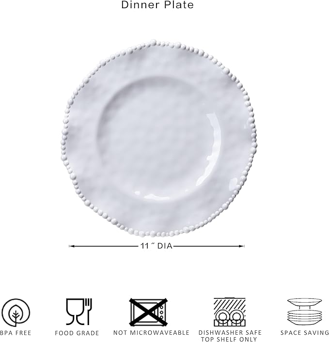 Cream Beaded Dinner Plate Set, 11-inch Chip Resistant, Lightweight Round Kitchen Plates Set for Salad, Pasta –Unbreakable RV, Camping Dining Serving Dishes for Parties