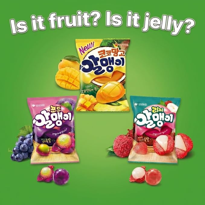 Korean Fruit Jelly Candy – Assorted Chewy Gummy Snacks – 3 Fruity Flavors (Grape, Lychee, Mango) – Individually Wrapped – Perfect for Kids & Adults – 알맹이젤리 (3 Flavor Mix–1.26oz(36g) × 6pack)