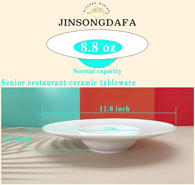 Ceramics Rimmed Soup Bowls 8.8 oz, White 11.6 inch Exquisite small soup plate Set of 4, Pasta plates With Rim is the best choice for hotels, kitchens, fine restaurants and gourmets