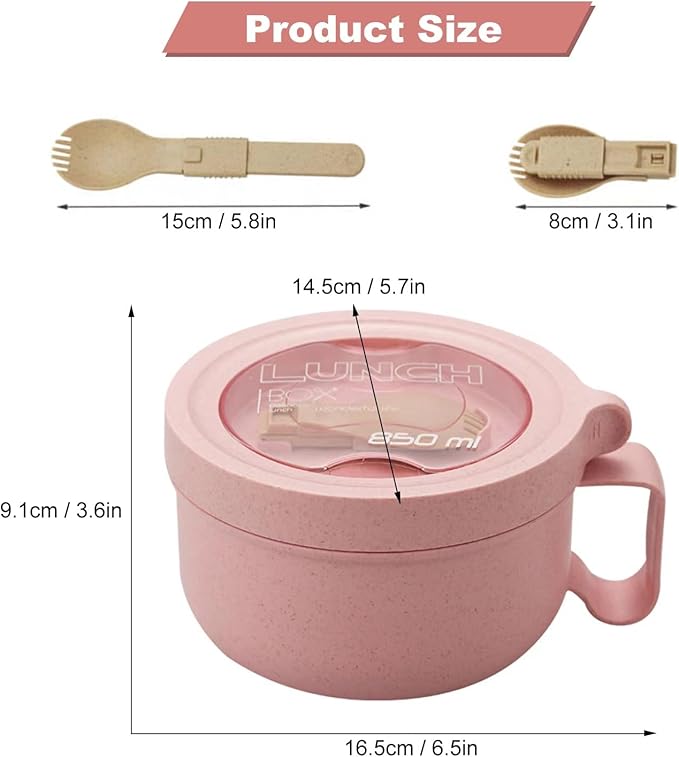 Rarapop 28.7oz Microwave Soup Bowl Containers with Lids, Wheat Straw Ramen Noodles Cup Mug for Instant Noodles,Oatmeal, Gumbo, Salad,Crunch,Cereal & More - Easy-Grip Design, Pink