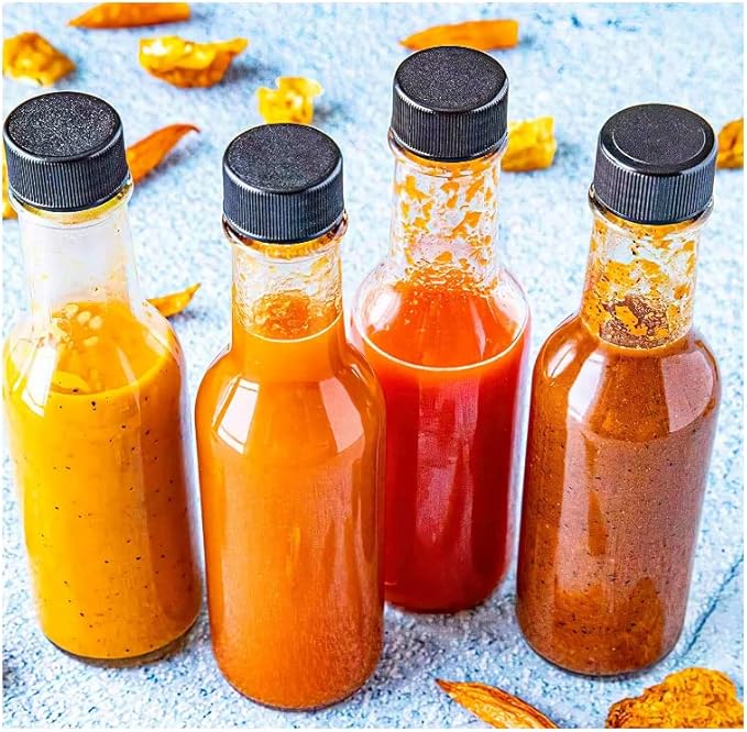 gmisun Hot Sauce Bottles 5 oz, 24 Pack Vanilla Extract Bottles with Shrink Capsules, Glass Woozy Bottle with Labels, Funnel, Caps, Dripper Inserts, for Homemade Hot Sauces, Dressing