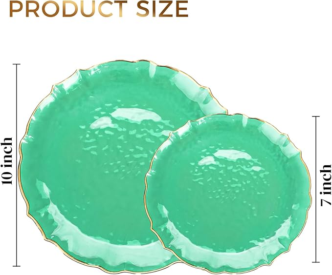 bUCLA 40PCS Clear Green Plastic Plates - Green and Gold Disposable Hammered Plates Fancy Lace-Edge, Crystal Design for 20 Guests Include 20 Each(Dinner&Dessert), Ideal for Party & Christmas