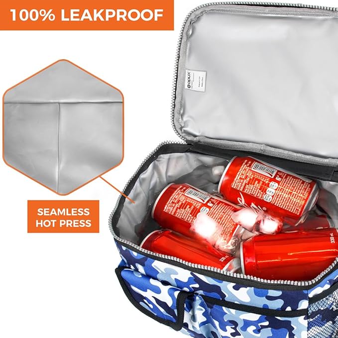 opux Insulated Lunch Box for Men Women Kids, Leakproof Reusable Lunch Bag Cooler for Work School Office, Soft Thermal Lunchbox Tote with Shoulder Strap for Boys Girls Adults, Camo Blue, 14 Can/8L