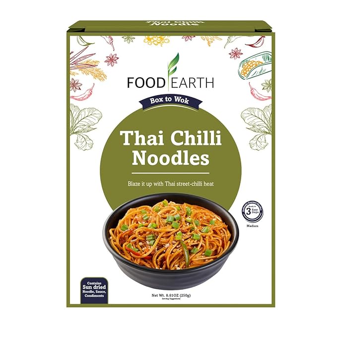 Food Earth Thai Chilli Noodles 250g | Spicy Thai Style Stir Fry Noodles | Quick Cook Non-Sticky Noodles for Wok, Chow Mein & Lo Mein | Easy Meal Kit | Medium Spice – 250g Pack