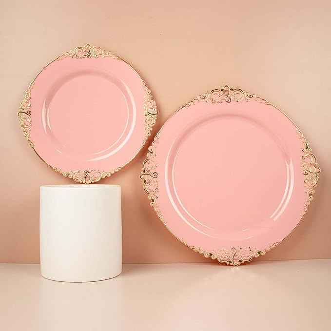Efavormart 10 Pack | 8" Dusty Rose and Gold Baroque Dessert Plates, Leaf Embossed Metallic Rim Heavy Duty Appetizer Plates for Whimsical Parties