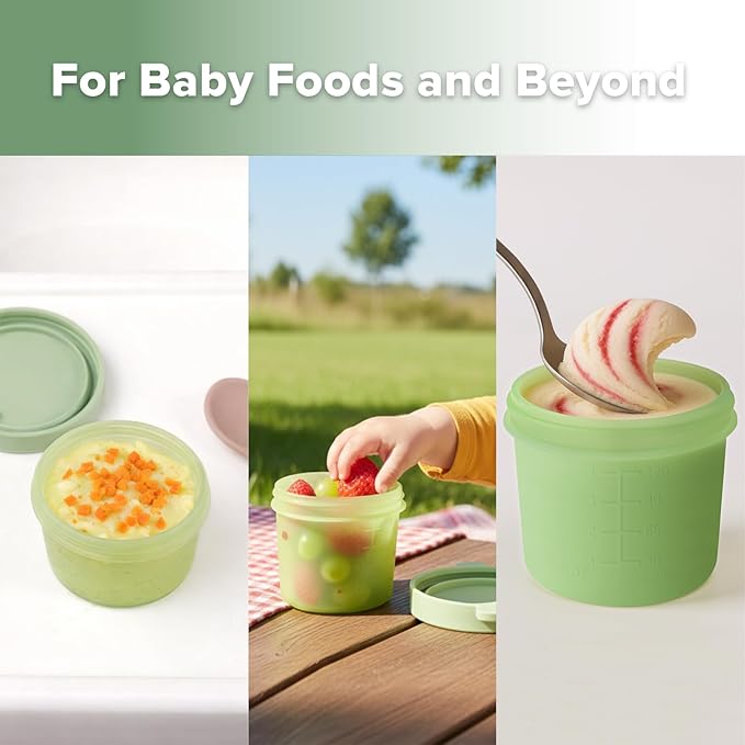 Haakaa Silicone Baby Food Containers, 4oz/120ml Baby Food Jars with Leakproof Lids and Tray, Freezer-Safe Food Storage for Purees & Snacks, 4 Pack,Spring Green Tray