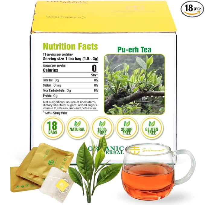 Soilmount Shou Pu-erh Tea - Traditional Chinese Tea | Box of 18 Individually Wrapped Tea Bags | Rich Aroma & Unique Flavor | Convenient Brewing