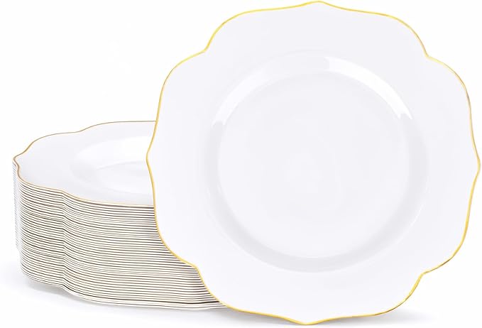 bUCLA 48Pieces Gold Plastic Dessert Plates Disposable - 7.5inch Premium Hard White with Gold Rim Plastic Salad/Appetizer/Small Cake Plate for Thanksgiving&Party