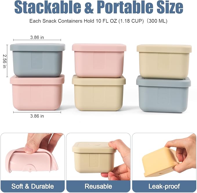 6 pcs 10 oz Silicone Snack Containers with Lids Silicone Food Storage Containers, Baby Snack Container Small Lunch Container for Kids, Daycare, School and Travel