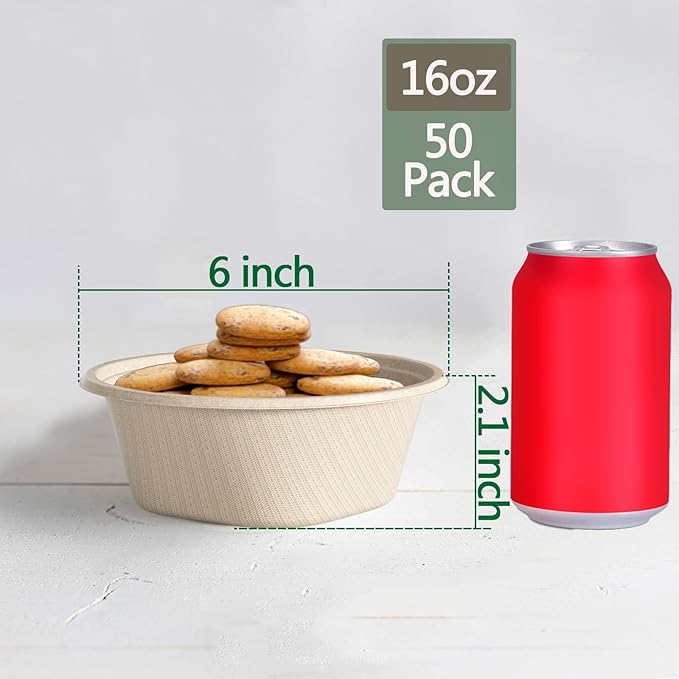 Homestockplus 16 Oz Disposable Bowls Heavy Duty Small Paper Bowls made of 100% Compostable Heavy-duty Quality Natural Bagasse Biodegradable Bowls for Ice Cream, Dessert And Chili ect.[50 Pack]
