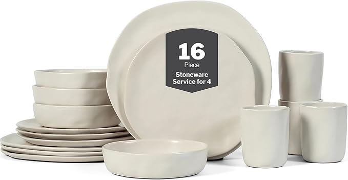 Stone by Mercer Project HEKONDA Modern Stoneware 16-Piece Dinnerware Set, Plate and Bowl Set, Dish Set for 4, Beige