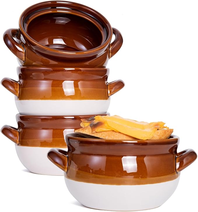 Vumdua French Onion Soup Bowls with Handles, 28 oz Ceramic Soup Crocks Oven Proof Soup Bowls for Chilli, Cereal, Pot Pies - French Onion Soup Crocks, Oven, Broil & Dishwasher Safe, Set of 4