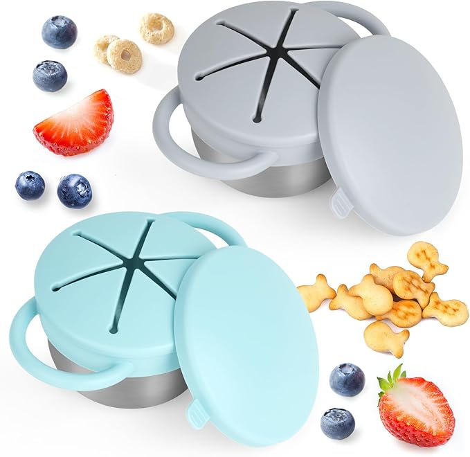 Daximo 2 Pack Snack Cups for Toddlers Spill Proof - Detachable Stainless Steel Toddler Snack Cups with Silicone Lids & Handles - Dishwasher Safe Baby Snack Containers (Light blue and Light grey)
