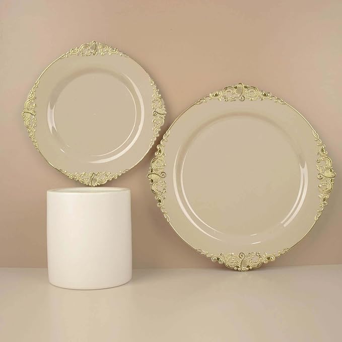 Efavormart 10 Pack | 10" Taupe and Gold Baroque Dinner Plates, Leaf Embossed Metallic Rim Heavy Duty Serving Plates for Neutral Organic Weddings