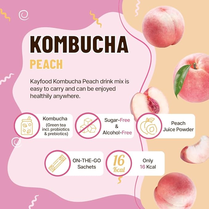 KAYFOOD-Kombucha-Peach-Garden-Daily Zero Sugar, Diet, Gut Healthy Sparkling Beverage, Fermented Korean Drinks for Iced, Hot, Workout Tea (10ST)