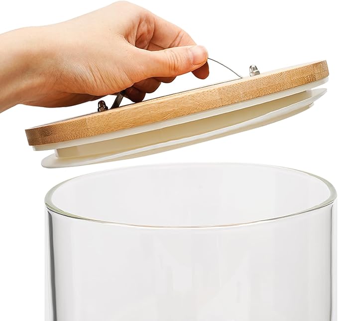 7.5L Glass Rice Dispenser with Wooden Stand, 1.98Gal Flour Storage Container, Grain Storage-Bucket Tabletop Cereal Containers w/Manual Venting Valve,Thermometer, Lid, Measuring Cup (7.5L, 1.98Gal)